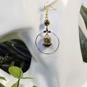 Steampunk Top Hat Hoop Earrings, Gothic Dangles with Gears, Metallic Pyrite Bead, and Silver Wire Loops, Whimsical Cosplay Jewelry