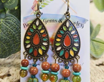 Bohemian Teardrop Chandelier Multicolored Semi-Precious Stone Earrings