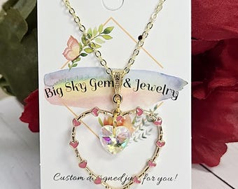 Hearts on Heart 10K Gold Plated 18&quot; Necklace With Clear AB Swvarski Heart Dangle.