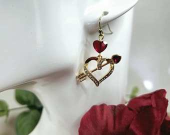 Cupids Arrow Through Heart 1.5in Dangle Earrings Ruby Red Swvarski Heart 10K Gold Plated Earring Hooks.