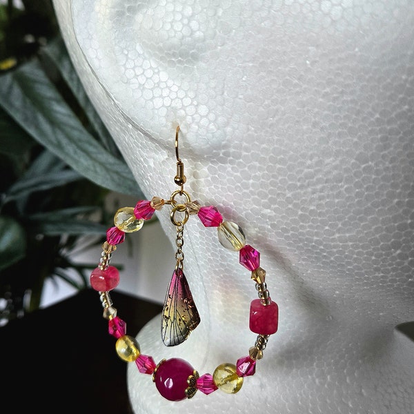 Pink Yellow Gold  2" Memory Wire Hoop Earrings Citrine Agate Glass Acrylic Beads Acrylic Butterfly Wing Charms