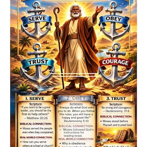 Op de afbeelding: Een religieuze poster met de tekst "MOSES: LEADERSHIP ANCHORS" en een afbeelding van Mozes. De poster toont ankers met de woorden "SERVE", "OBEY", "TRUST" en "COURAGE", met bijbehorende teksten en vragen.