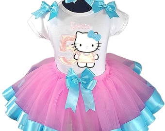 Kitty Birthday Personalized Pink & Blue Ribbon Tutu 3 Piece Set Embroidered Birthday Outfit Any Age