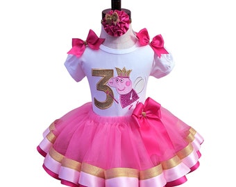 Pink Pig Birthday Personalized Pink & Gold Ribbon Tutu 3 Piece Set Pig Birthday Outfit Any Age