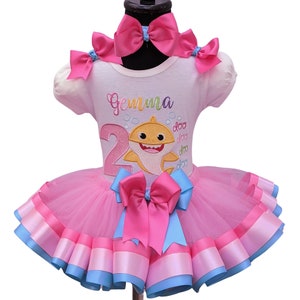 Shark Birthday Personalized Ribbon Tutu 3 Piece Set Baby Shark Birthday Outfit Any Age