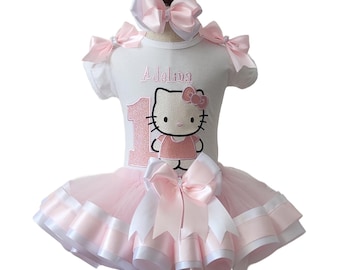 Kitty Birthday Personalized Pink & White on Tutu 3 Piece Set Embroidered Birthday Outfit Any Age
