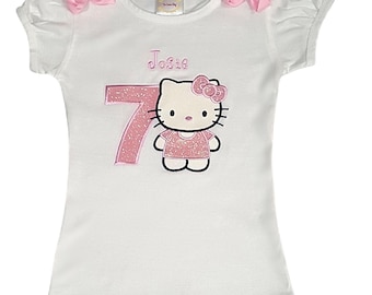 Kitty Birthday Glitter Personalized Name & Age Embroidered Shirt or Bodysuit Kitty Shirt Choice of Colors