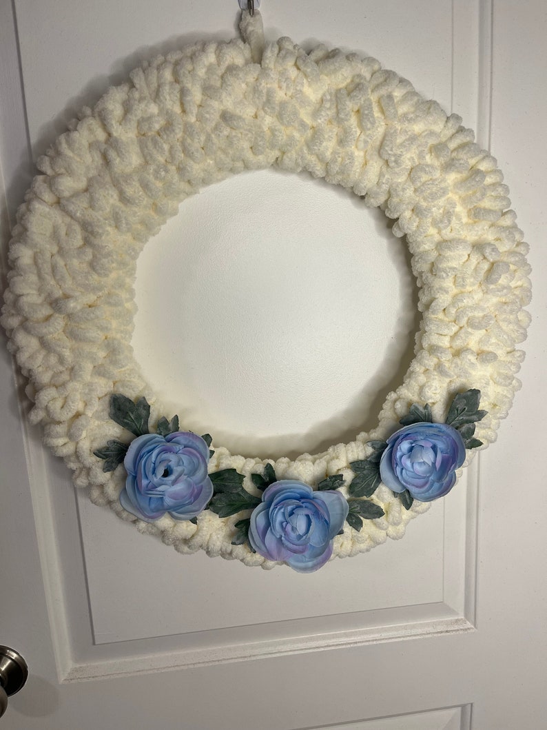 White Wreath With Blue Flowers Etsy