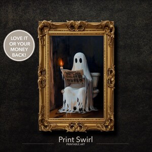 Cute Ghost on the Potty, Dark Academia Decor, Bathroom Art, Funny Halloween Art, Whimsigoth Wall Art, Downloadable Affordable Art Printables