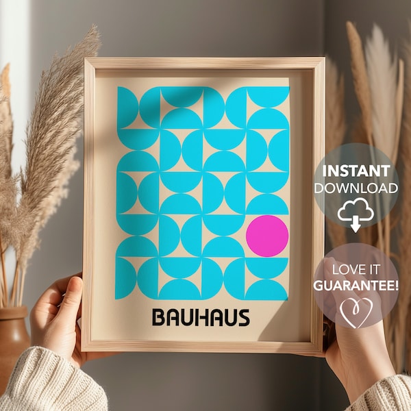 Bauhaus Poster, Blue and Pink, MidCentury Modern, Printable Wall Art, Minimalist, Aesthetic Retro Art, Neutral Room Decor, Digital Download