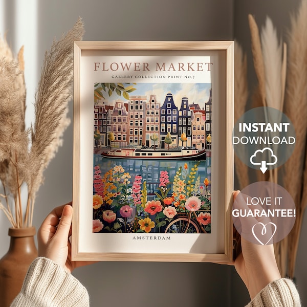 Flower Market Print, Amsterdam Wall Art, Watercolor Botanical Wall Art Poster, Digital Download, Printable Decor, Downloadable Wallart Print