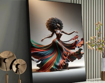 Elegant Flowing Dress Art - Vibrant Afrocentric Dance Canvas Print, Dynamic Movement Artwork, Colorful Fashion Illustration