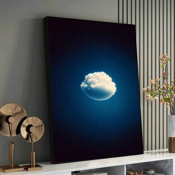 Cloudy Art, Serenity in Isolation: Solitary Cloud on a Deep Blue Sky - Minimalist Sky Art Print for Modern Home Decor