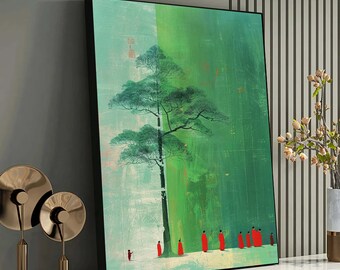 Lienzo Tranquilo Bosque Zen - Paisaje Verde Sereno con Monjes Rojos, Arte Moderno para Decoración Consciente