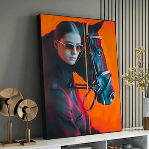 Black Horse Art - Woman Horse Portrait Print, Equine Art, Nature-Inspired Wall Decor, Ready to Hang
