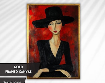 Bold Lady in Black Hat on Red – Modern Expressionist Female Portrait, Chic Wall Art for Glam Home Decor, Fashion Inspired Art