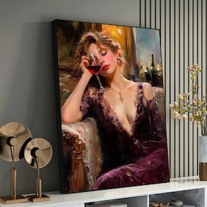 Romantic Woman with Wine, Impressionist Print Painting, Elegant Evening Portrait, Luxurious Wall Art for Living Room, Woman Canvas Art