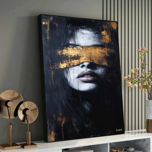 Abstract Gold and Black Woman Portrait, Modern Minimalist Canvas Art, Bold Contemporary Wall Decor, Mysterious Female Painting