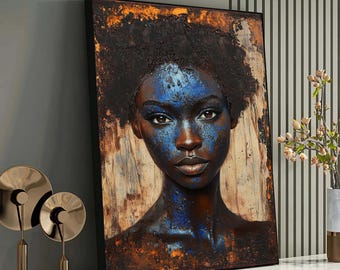 アフリカの女性の肖像画 - 大胆な青とブロンズのアート、アフロセン