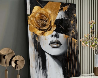 May include: A black and white portrait painting of a woman with a gold rose covering one eye. Gold paint drips down the canvas. The woman's lips are painted gold. The artwork is framed in black.