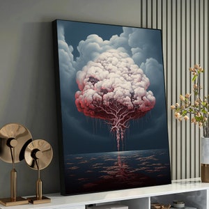 May include: A surreal painting of a large, white, cloud-like tree with red veins and dripping tendrils, standing in a dark blue sea. The tree is reflected in the water.