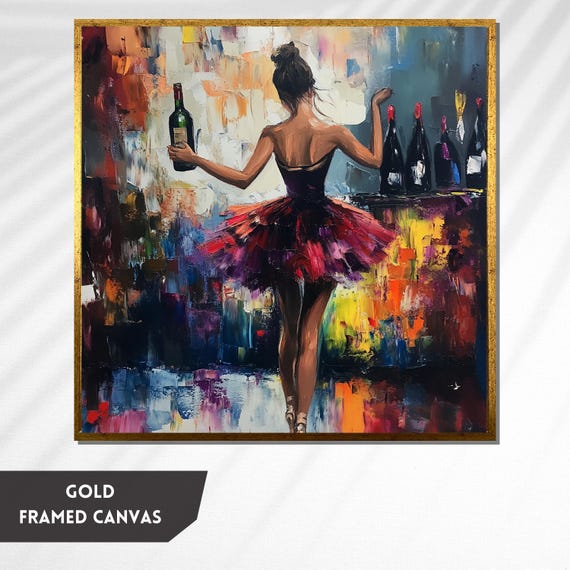 絵画 。壁掛け絵原画【夜空に美しい蔷薇流星雨、楽しくバレエを踊る少女】 ワインを飲んだバレリーナの絵画、カラフルなダンスの壁アート