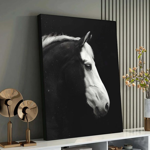 Black-White Horse Canvas Art - Ready-to-Hang Black and White Equine Portrait - Contemporary Horse Decor-Office - Ideal Gift for Horse Lovers
