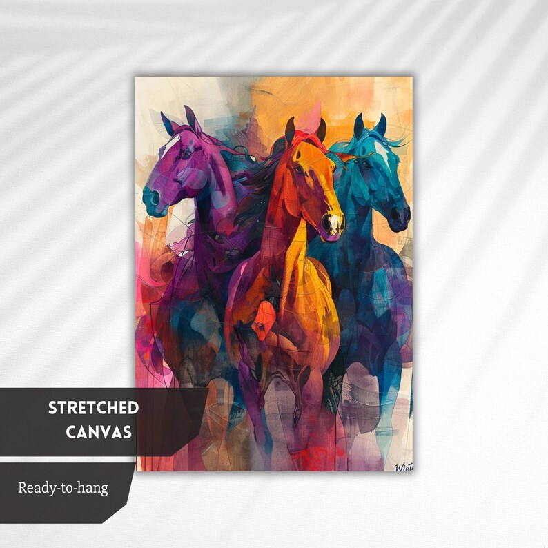 May include: Abstract painting of four horses running, with a purple, orange, blue, and black colour scheme. The painting is on a stretched canvas.