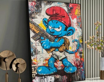 Impresión en lienzo de arte callejero urbano - Personaje azul vanguardista en estilo graffiti - Decoración moderna del hogar para amantes del arte - Idea de regalo única
