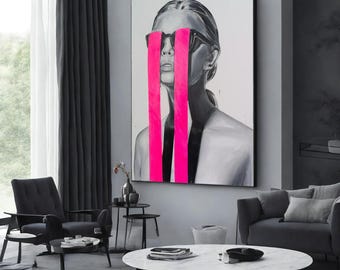Modern Abstract Portrait Canvas, Black White Woman Art, Neon Pink Stripe Painting, Contemporary Wall Art, Bold Home Decoration