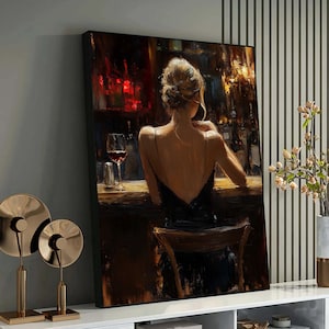 Elegante Frau in Bar Gemälde - Stimmungsvolle Nachtleben Szene, Romantischer Realismus Wand Kunst, Intime Abend Dekoration, Geschenk für Sie