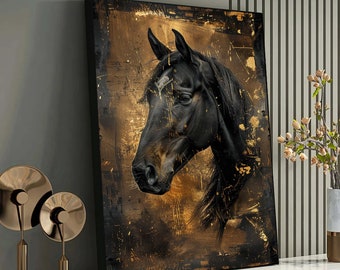 Gold Horse Canvas Art - Ready-to-Hang Black and White Equine Portrait - Contemporary Horse Decor-Office - Ideal Gift for Horse Lovers