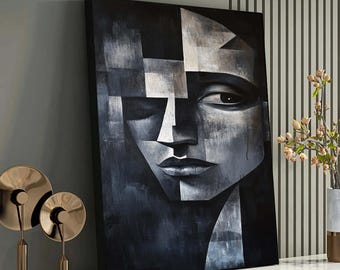 Abstract Cubist Portrait Canvas, Black and White Geometric Art, Minimalist Face Painting, Monochrome Expressionist Wall Decor