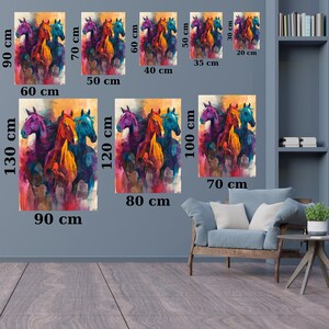 May include: A set of colourful abstract horse paintings in various sizes. The paintings feature a group of horses running, with vibrant colours like purple, blue, orange, and yellow. The paintings are available in sizes ranging from 20 cm x 30 cm to 90 cm x 130 cm.