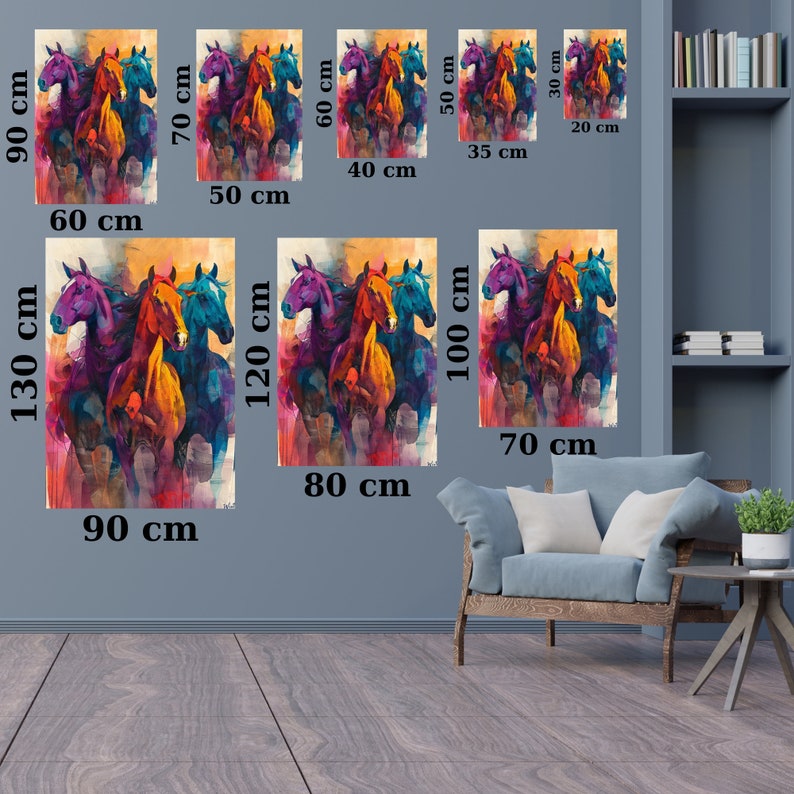 May include: A set of colourful abstract horse paintings in various sizes. The paintings feature a group of horses running, with vibrant colours like purple, blue, orange, and yellow. The paintings are available in sizes ranging from 20 cm x 30 cm to 90 cm x 130 cm.