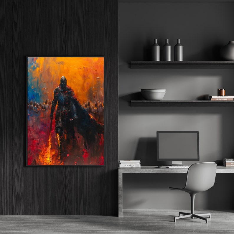 Fiery Warrior Knight Art Print - Dynamic Battle Scene Painting ...