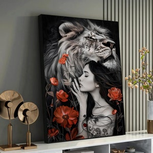 Lion and Woman Canvas Art - Ready-to-Hang Lion Portrait - Contemporary Lion Decor-Office - Ideal Gift for Lion Lovers,Ready to Hang Painting