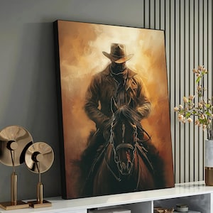 Mystic Cowboy Silhouette on Horseback - Rustic Western Art Canvas Print, Equestrian Decor, Wild West Horse Rider Painting
