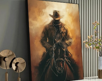 Mystieke Cowboy Silhouet te Paard - Rustieke Western Art Canvas Print, Paardrijdecoratie, Wilde Westen Schilderij