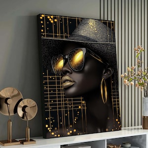 Futuristic Black Woman Portrait – Gold Glam Art, Bold Afrocentric Fashion, Modern Digital Wall Decor, Statement Piece for Art Lovers