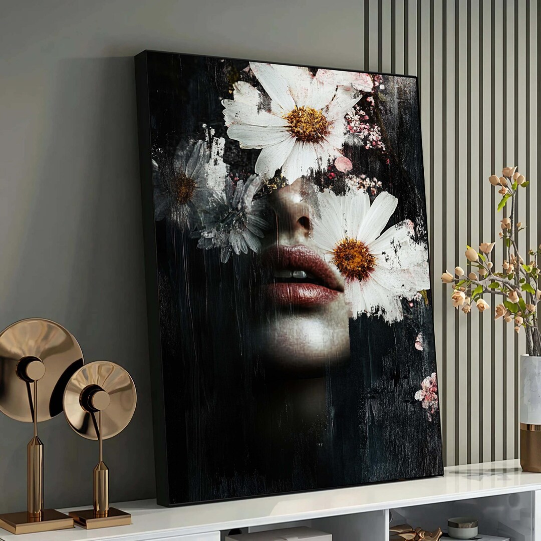 Abstract Floral Portrait Art Print, Feminine Face With Flowers Wall Art ...