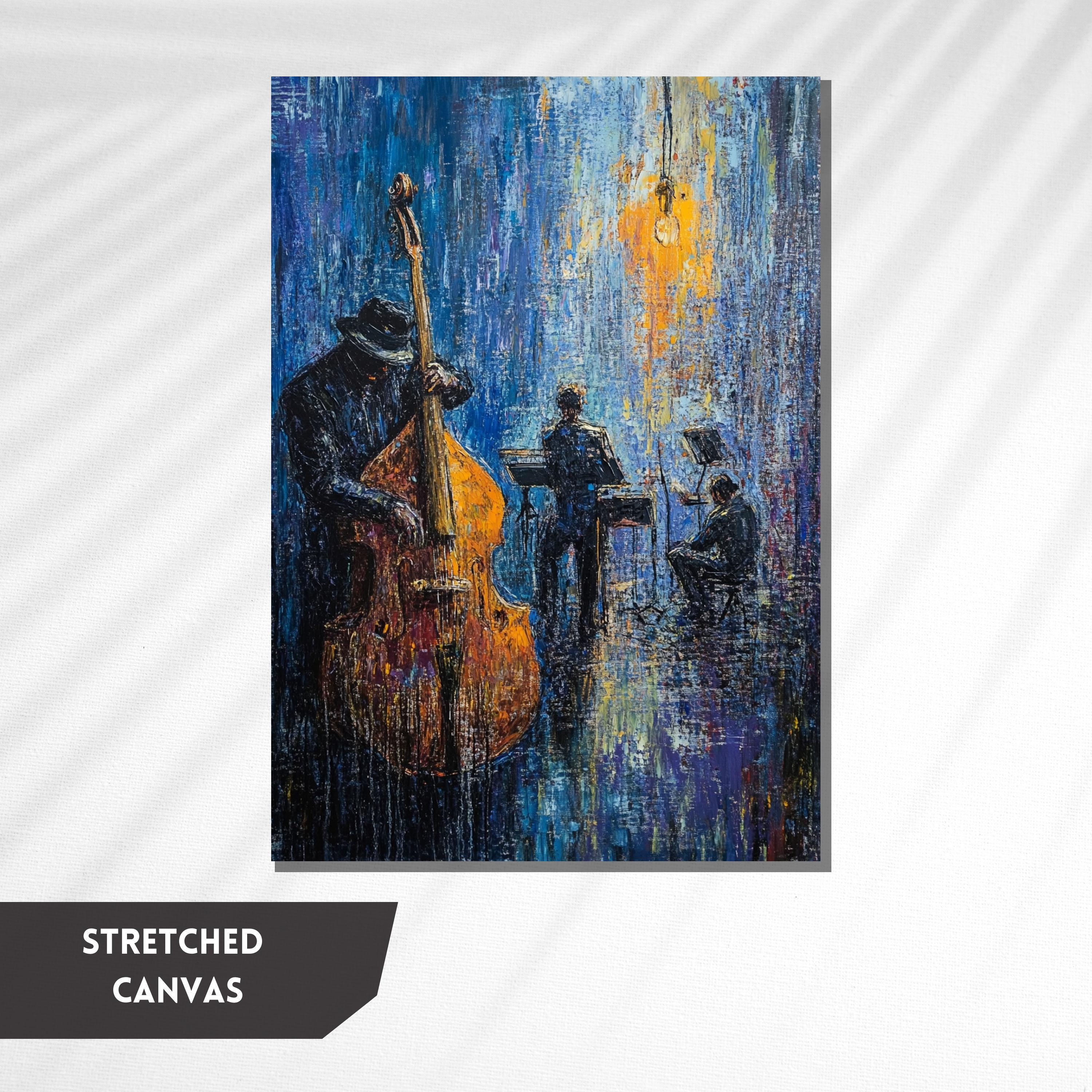 Jazz Band Painting, Abstract Music Art With Double Bass, Blue and