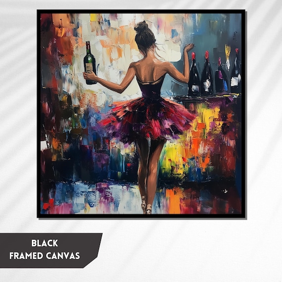 ワインを飲んだバレリーナの絵画、カラフルなダンスの壁アート