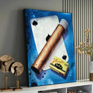 Impresión artística de cartas de póquer y puros antiguos: obra de arte retro para fumadores, póster de cartas de juego clásicas, arte de pared para cuevas de hombres, decoración única para salas de juegos