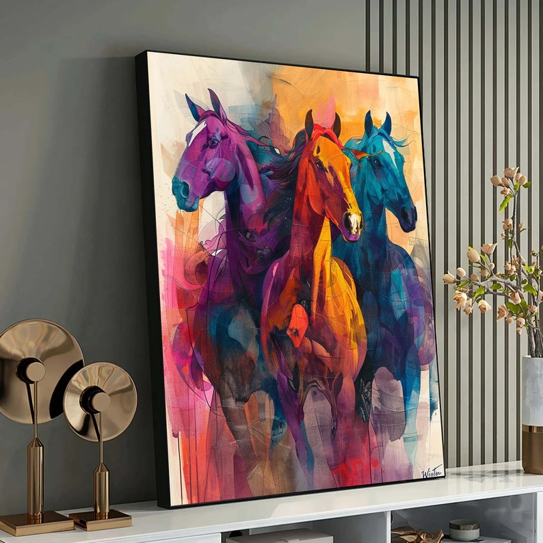 May include: Abstract painting of four horses running, with a vibrant colour palette of purple, orange, blue, and green. The horses are painted in a stylised, almost cartoonish way, with their manes and tails flowing in the wind.