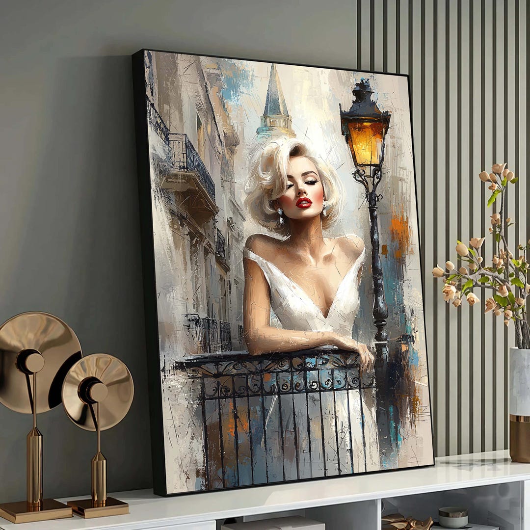 Elegant Woman in White Dress, Glamorous Wall Art, Vintage Balcony Scene ...