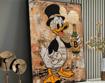 Classy Duck with Top Hat and Bottle Canvas Print - Vintage Newsprint Art - Sophisticated Wall Decor - Unique Piece for Home Bar or Lounge