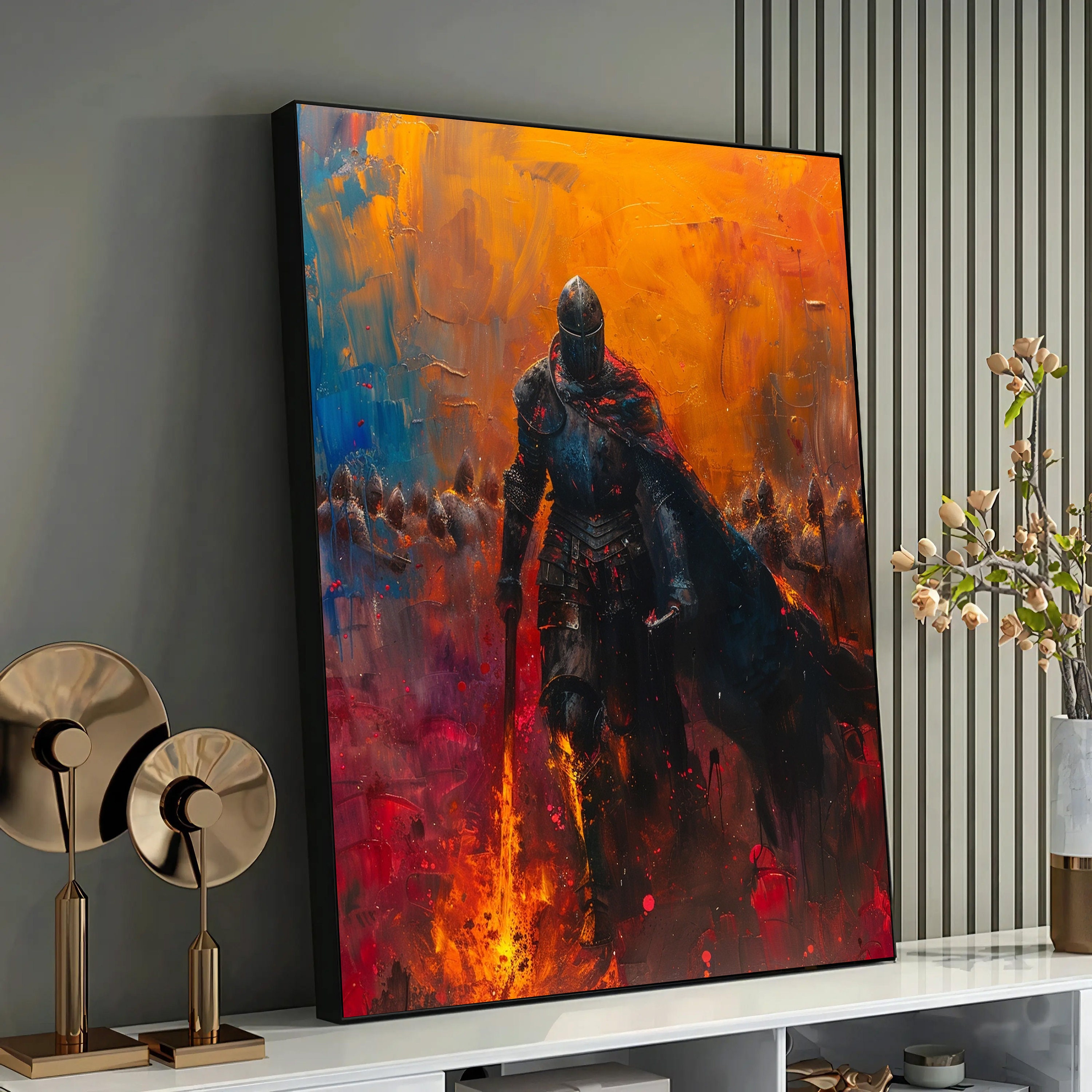 Fiery Warrior Knight Art Print - Dynamic Battle Scene Painting ...