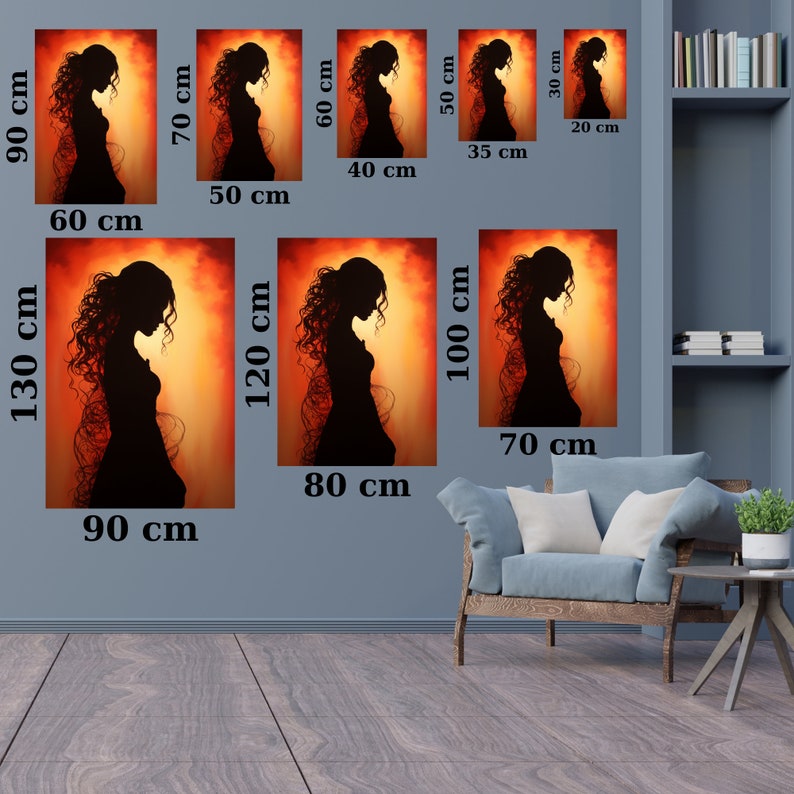 May include: A digital art print of a woman's silhouette in front of a sunset. The print is available in various sizes, ranging from 20 cm x 30 cm to 130 cm x 90 cm.