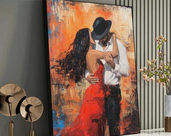 May include: A painting of a couple embracing, the woman in a red dress and the man in a white shirt and black hat. The background is a textured orange and yellow abstract design.